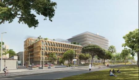 Aspecto que tendrá el exterior del complejo científico que se construye en el solar del antiguo Mercat del Peix