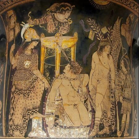 Orestes en Delfos; crátera con figuras rojas, ca. 330 a. C.