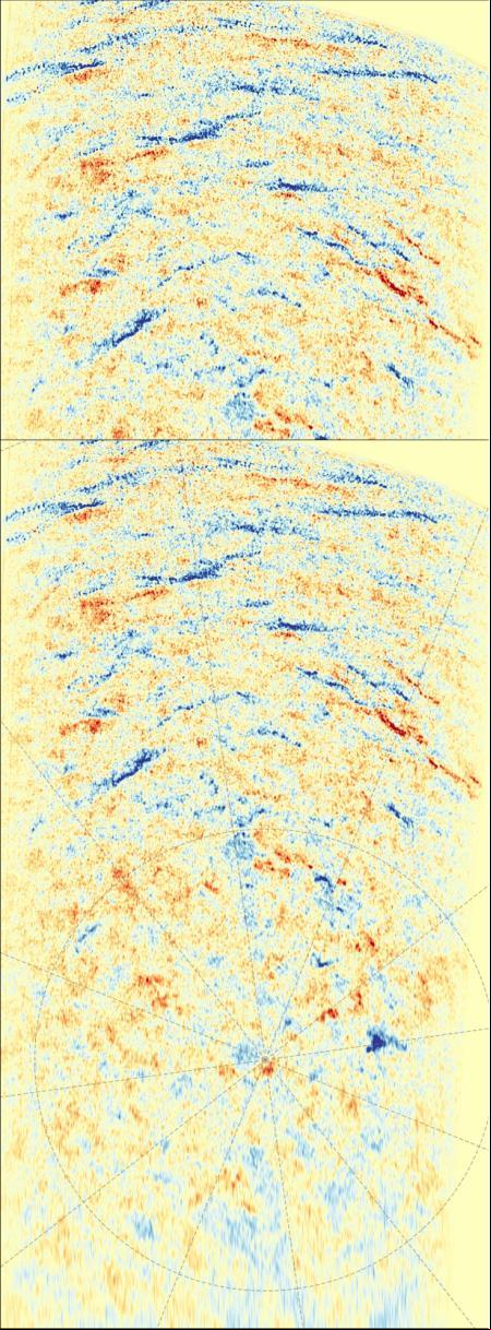 Representación del campo magnético medido por la Solar Orbiter en el polo sur solar (azul y rojo indican polaridades opuestas)