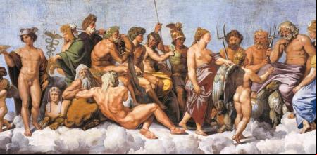 Loggia di Psiche, 1518-19, fresco de Rafael. En imagen, sección del techo donde se representa el concilio de los dioses, principalmente los doce olímpicos, recibiendo a Psique.