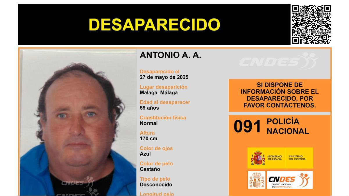 Sin rastro de Antonio A. A., un hombre de 59 años desaparecido en Málaga